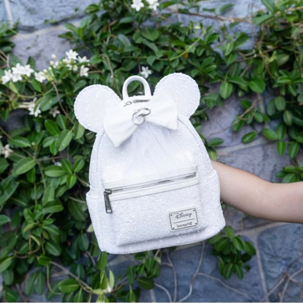 Loungefly White Sequin Minnie Ear Bow Mini Backpack - Picture 3 of 8
